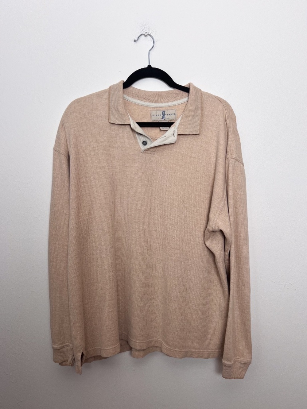 River Trader Beige Ribbed 100% Cotton Long Sleeve Polo Shirt Men’s Large